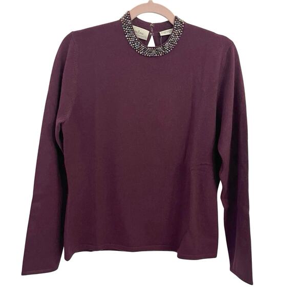 NWOT Neiman Marcus 100% Cashmere Sweater Large Purple Beaded Embellished Slim - Picture 1 of 12